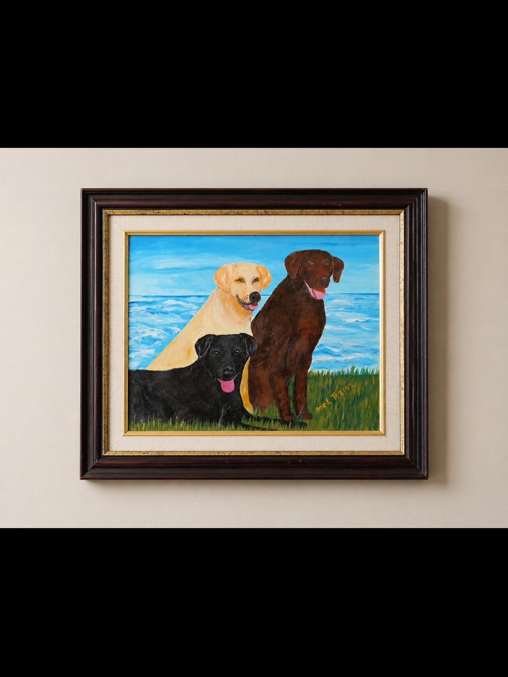 Mel Tobias “Three Labs” Framed Painting Labrador Dog Trio Coastal Folk Art 16x14